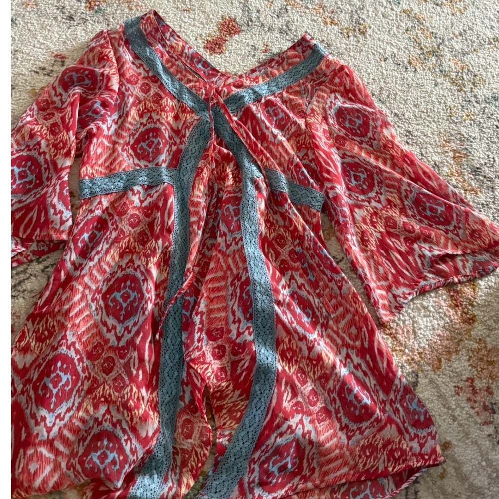 Double D Ranch Red Blu Ikat Crochet Lace Trim Bell Sleeve Boho Blouse XS Western